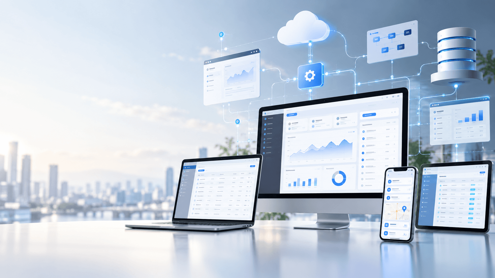 Web、Mobile、Desktop、Cloud、Databaseが連携する業務システム開発のイメージ